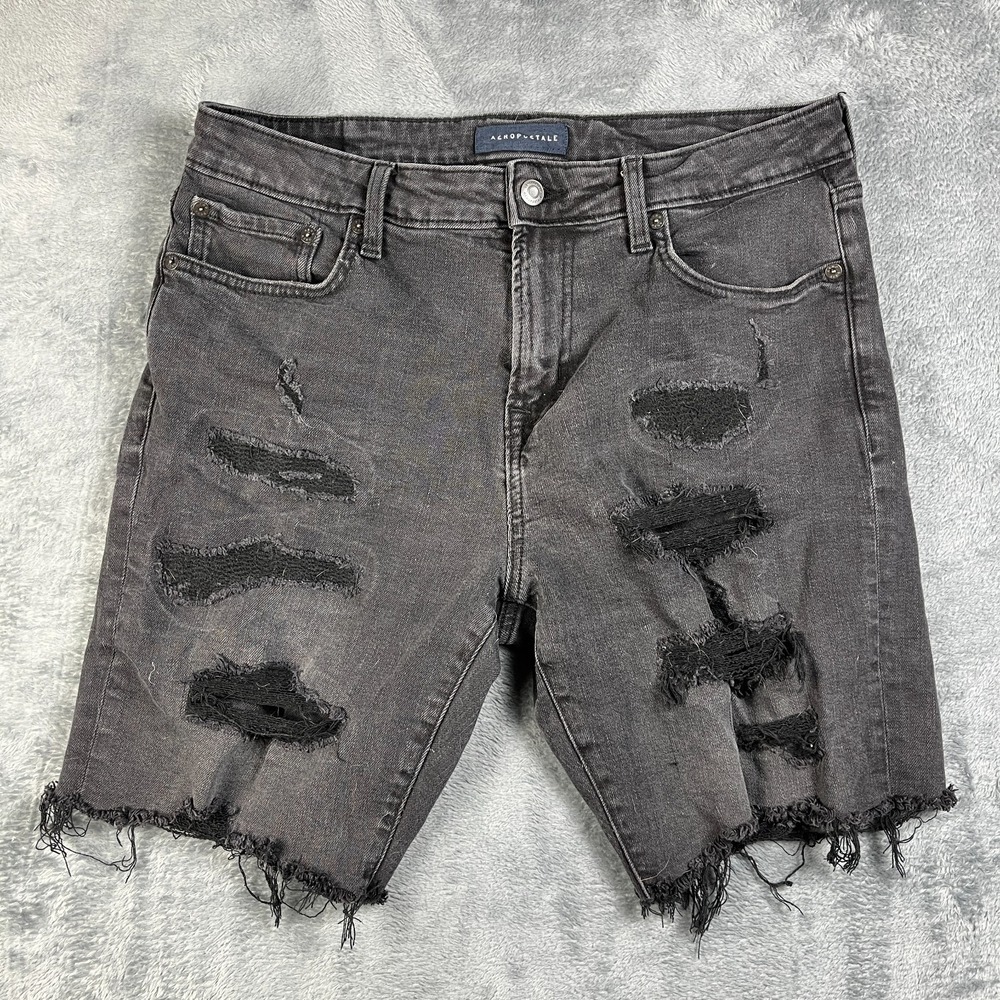 Aeropostale Shorts Mens 33 Gray Denim Distressed Cotton Stretch Raw Hem Mid Rise